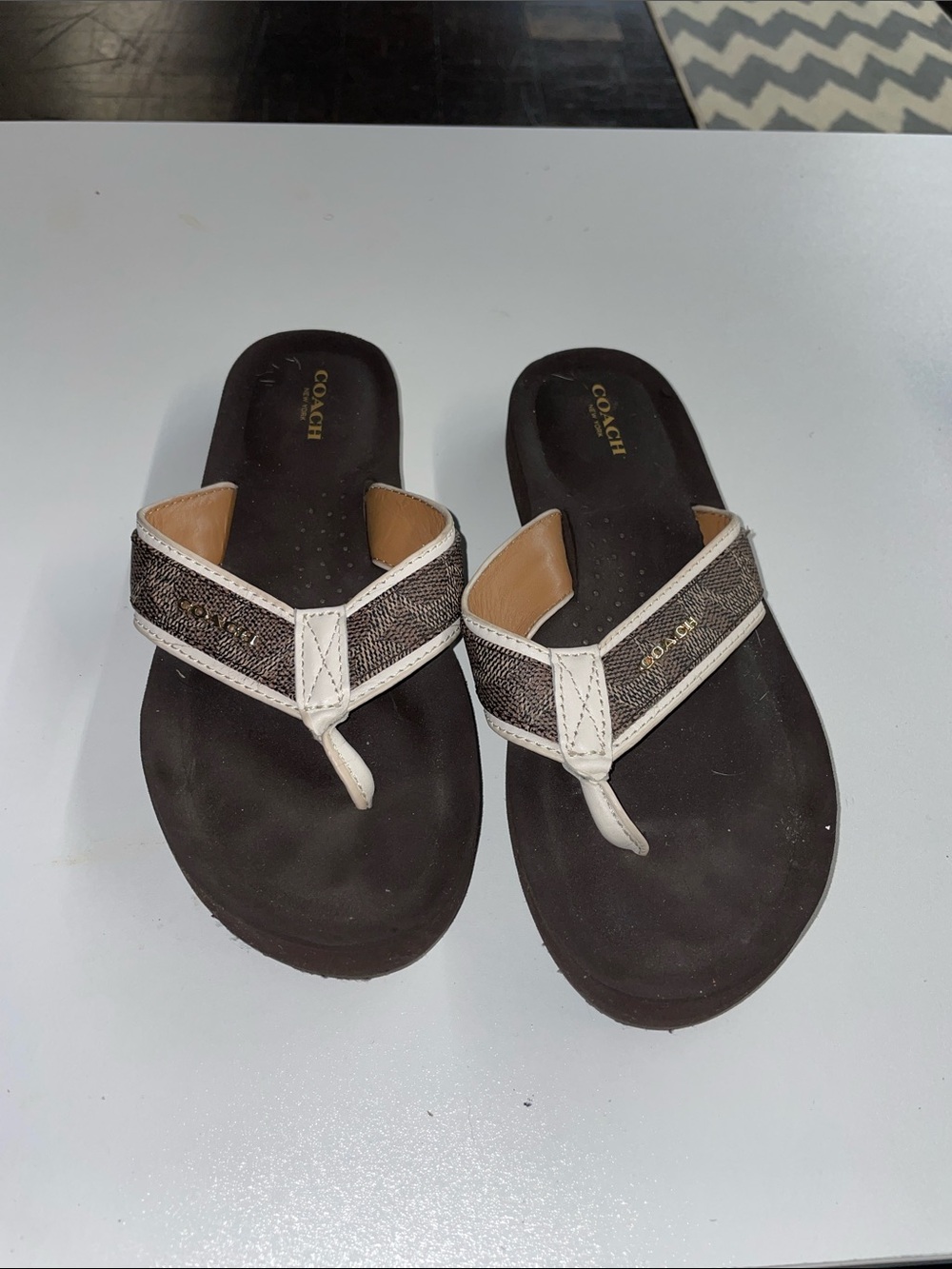 Coach Brown and White Women's Thong Sandals